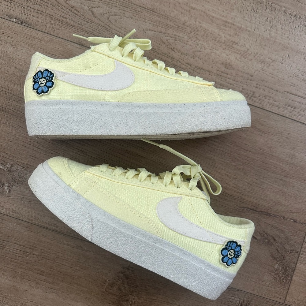 Yellow Nike Blazers Sneakers with White Swoosh and Blue Flower
